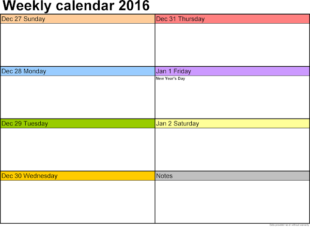 Weekly Calendar 2016 Word, Cute Weekly Calendar 2016 Free download, Weekly Calendar 2016 Template