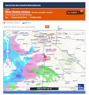 Weather map via The Weather Channel, showing rain, ice, and snow in various locations.  orange Winter Weather Advisory banner on top