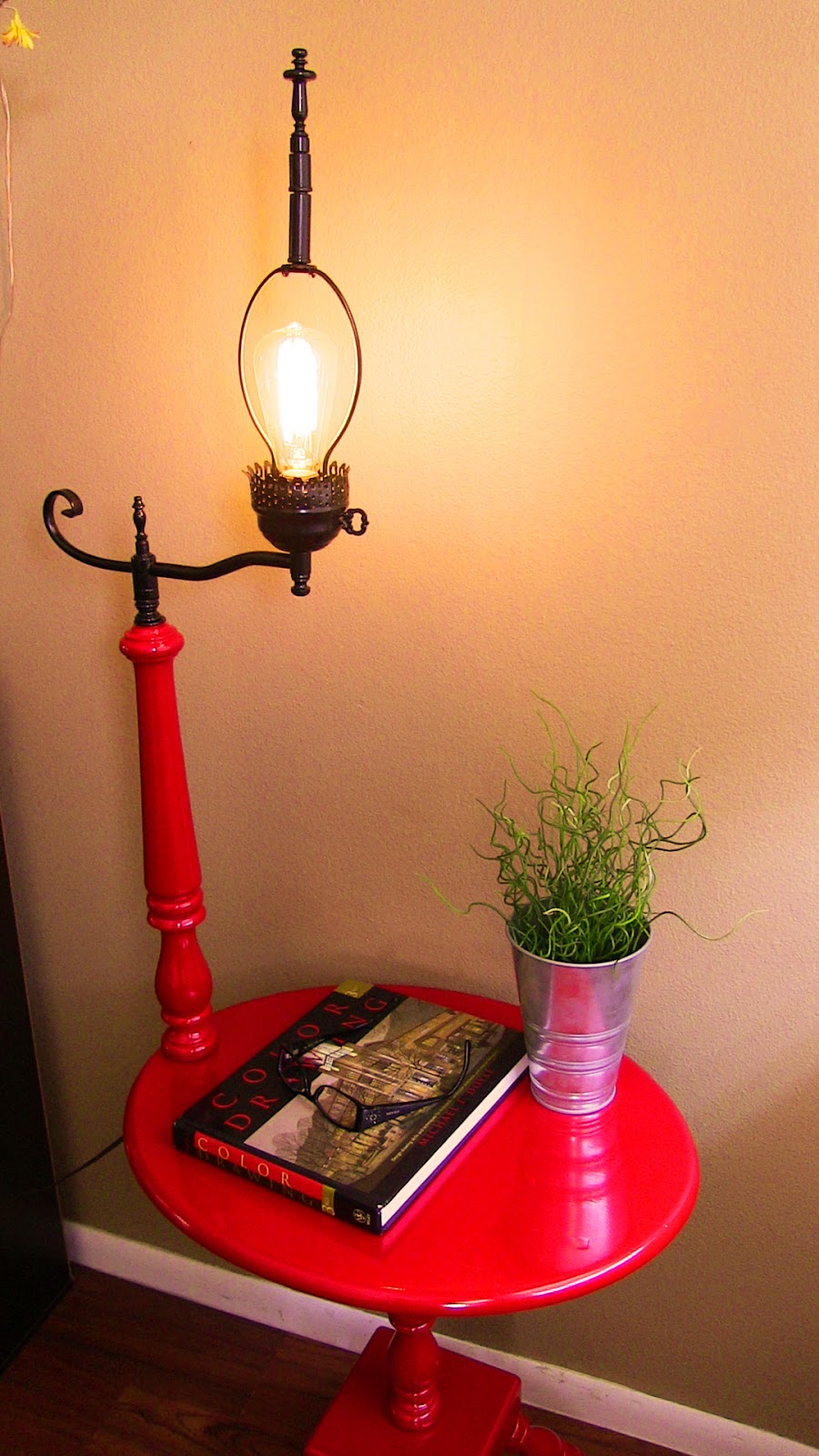 Apple Red and Black Vintage side table with Lamp attached | Tweaked Designs