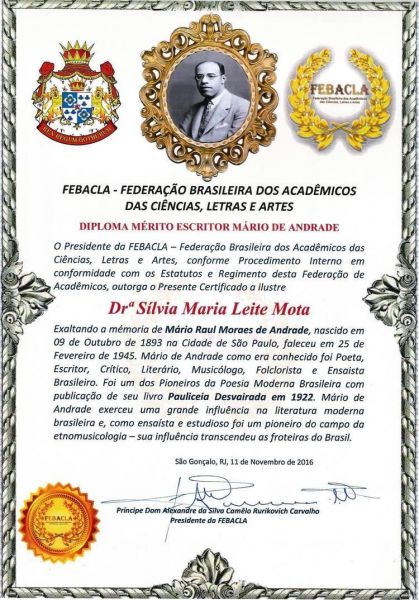 Diploma Mérito Escritor Mario de Andrade