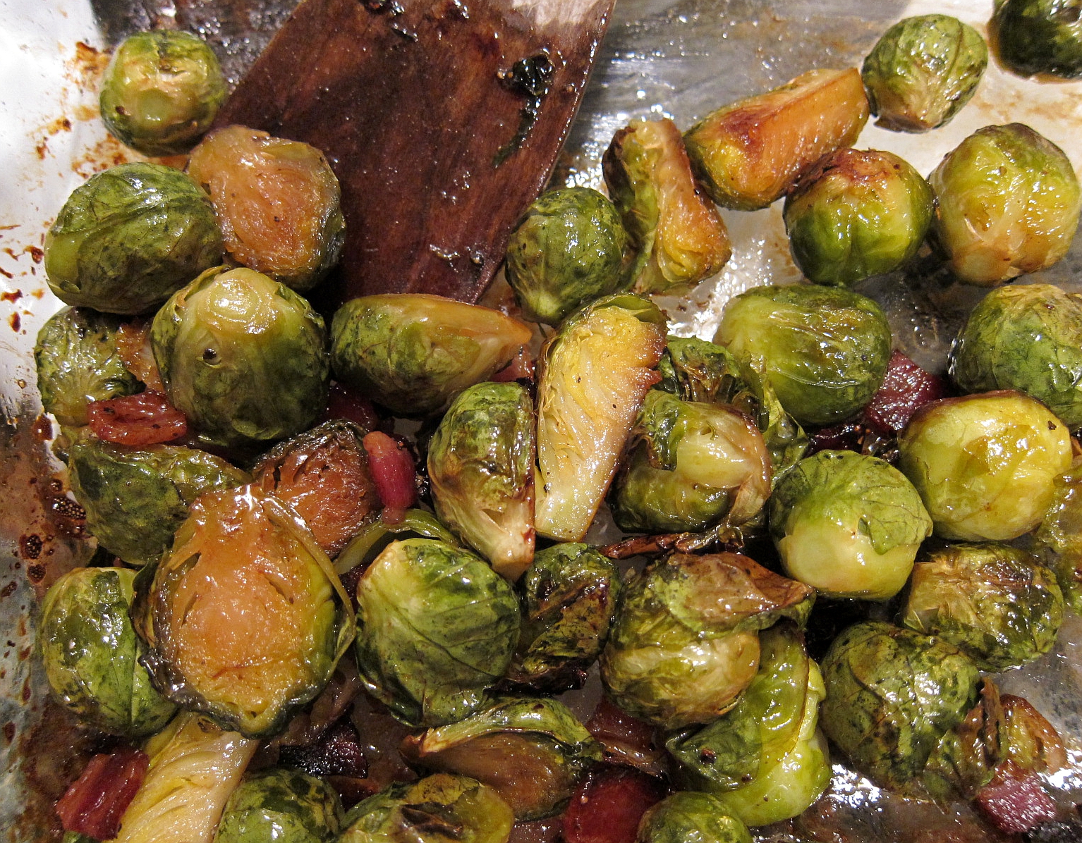 last call for corn roasted brussels sprouts with bacon and maple syrup