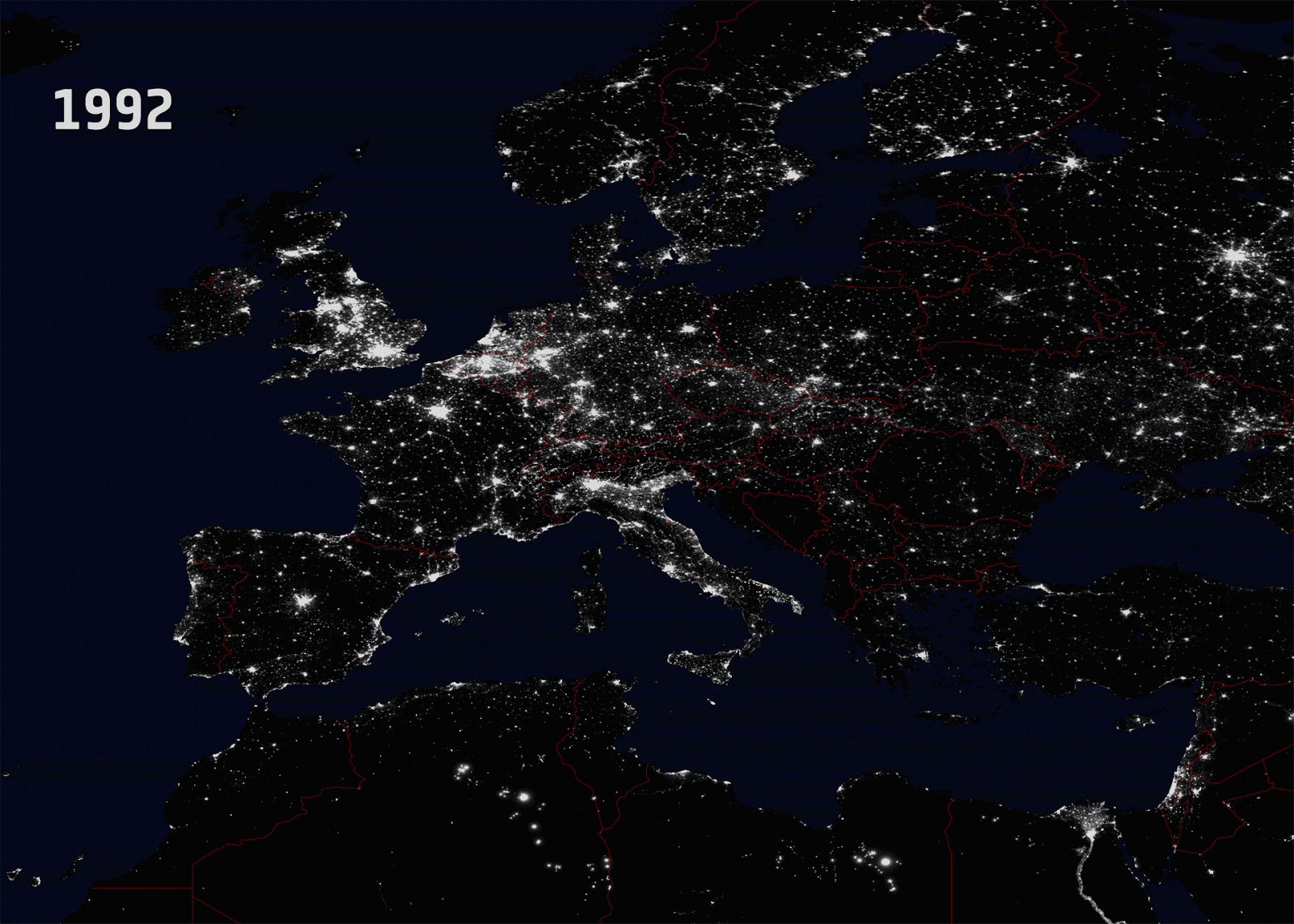 Evolution de la pollution lumineuse en Europe de 1992 à 2010