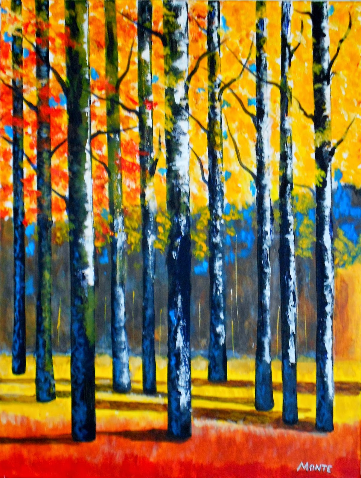 Brushworks by Monte Birch Trees ( Palette Knife Painting) Acrylic on Canvas 24 X 24 (Sold)
