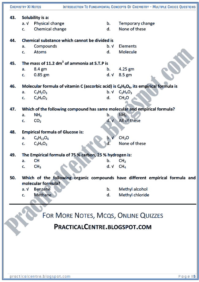 Introduction To Fundamental Concepts Of Chemistry - MCQs - Chemistry XI