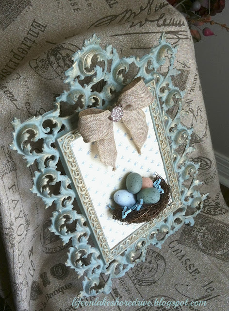 Annie Sloan Chalk Paint Duck Egg Blue, Gold gilding wax, bird's nest, eggs, burlap bow, wall art