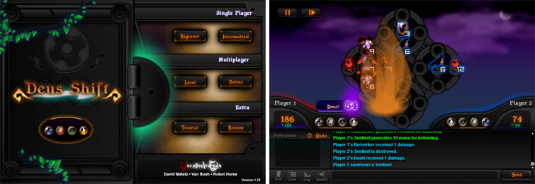 A main menu and in game screenshot of Deus Shift. It doesn't look ugly, but it doesn't have a strong style, and looks grey, plain and uninspired.