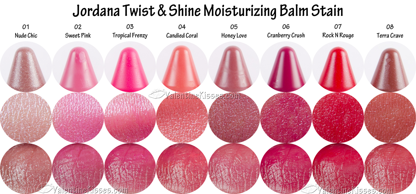 Valentine Kisses Jordana Twist & Shine Moisturizing Balm Stains all 8 shades pics, swatches