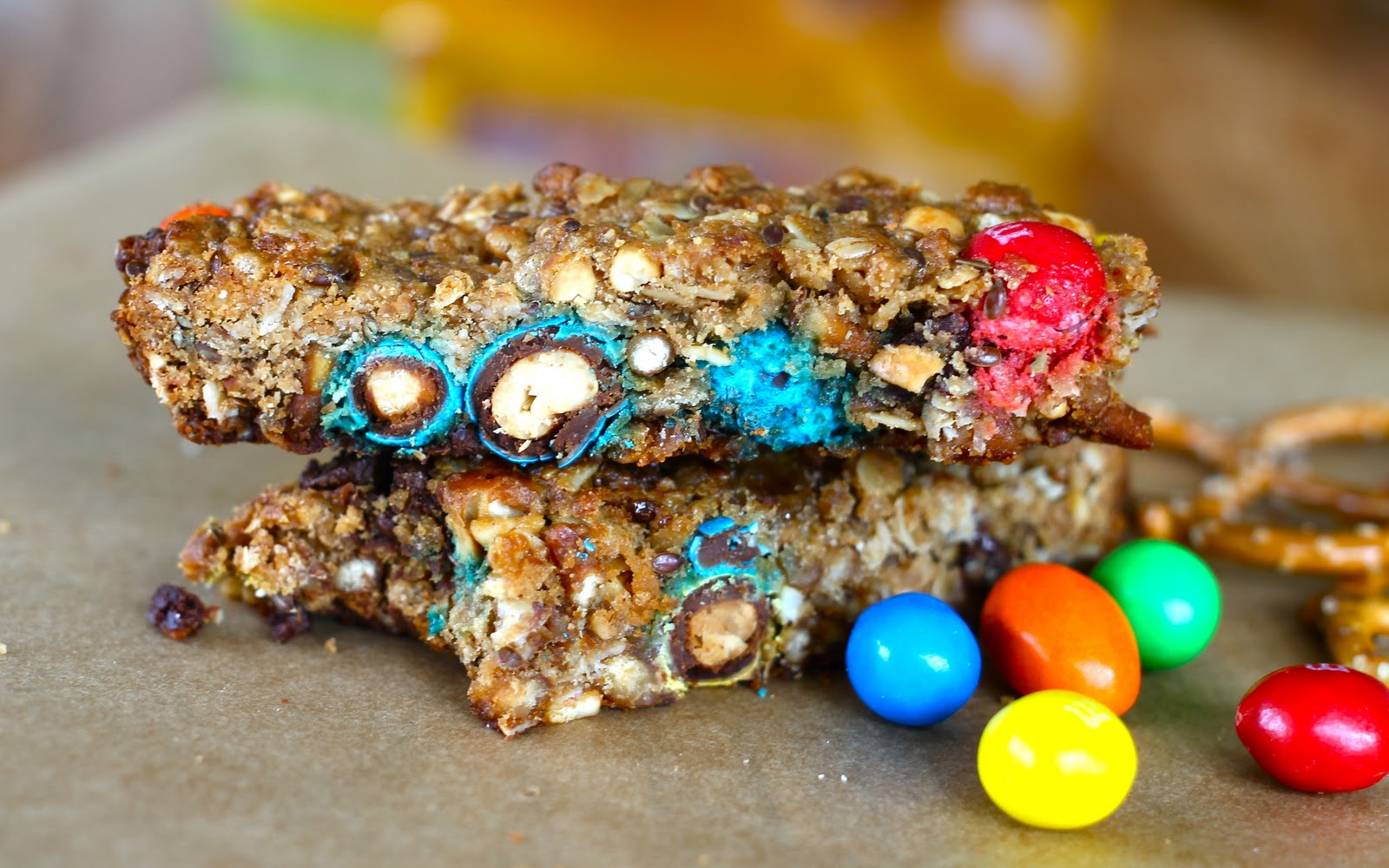 Yammie's Noshery Peanut Butter Pretzel Granola Bars with Peanut M&Ms
