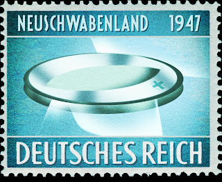 science fiction illustration of fourth reich stamp with Nazi flying saucer