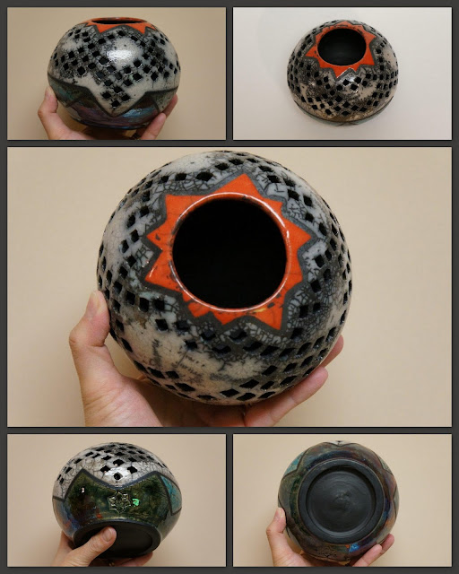Beautiful pierced ceramic pottery vessel with bright raku glazes.