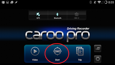 Main screen of caroo with start button circled