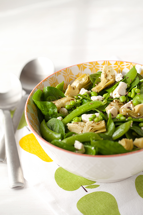 Greek Vegetarian Artichoke Salad with Spinach, Feta and Sugar Snap Peas