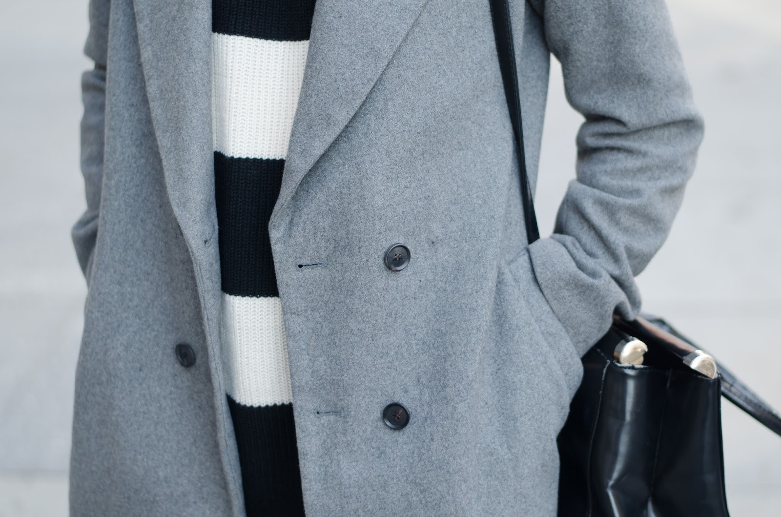 Simple Zara Gray coat, heavy boots, striped grunge sweater
