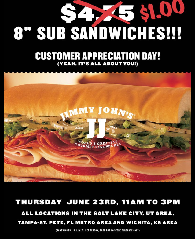 Jimmy John's sandwiches for just 1 today only!! 113!! Fun Cheap or Free