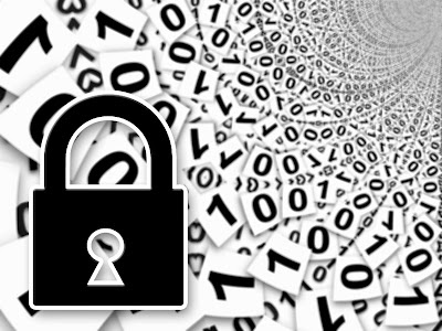 Graphics representing "digital security," showing a lock on a background made of binary code.