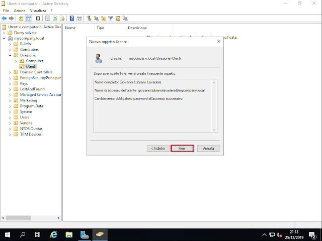 Riepilogo impostazioni nuovo account utente Riepilogo impostazioni nuovo account utente