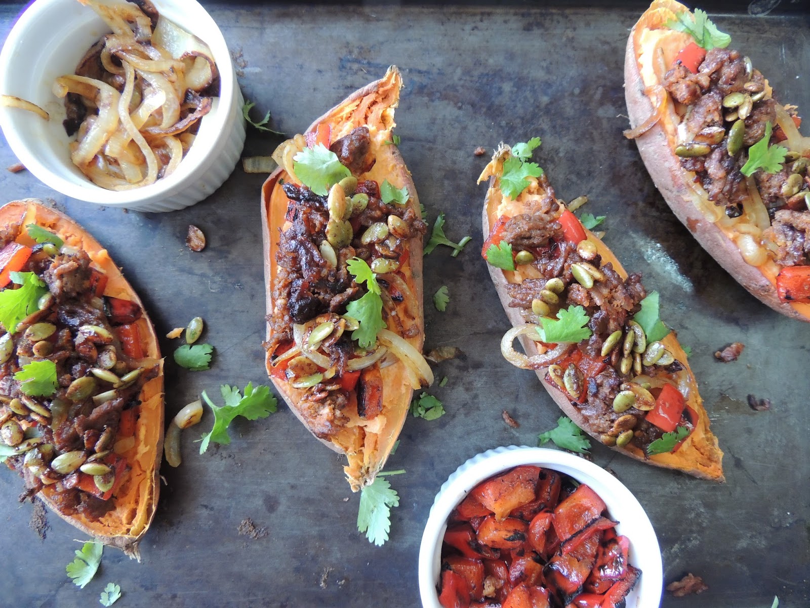 Leave a Happy Plate Sweet Potatoes Loaded with Chorizo, Caramelized