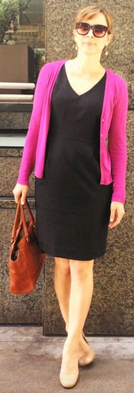 black dress pink cardigan
