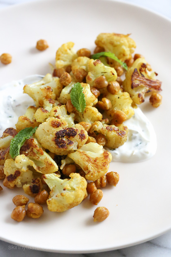 Roasted Cauliflower and Chickpeas with Minted Yogurt