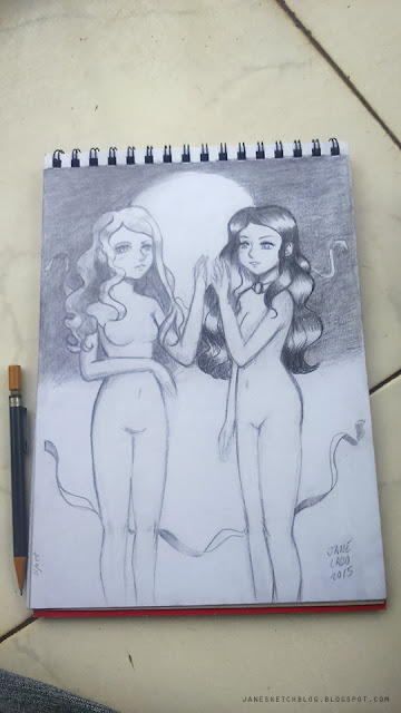 Dibujo a lápiz de dos chicas , en estilo manga.