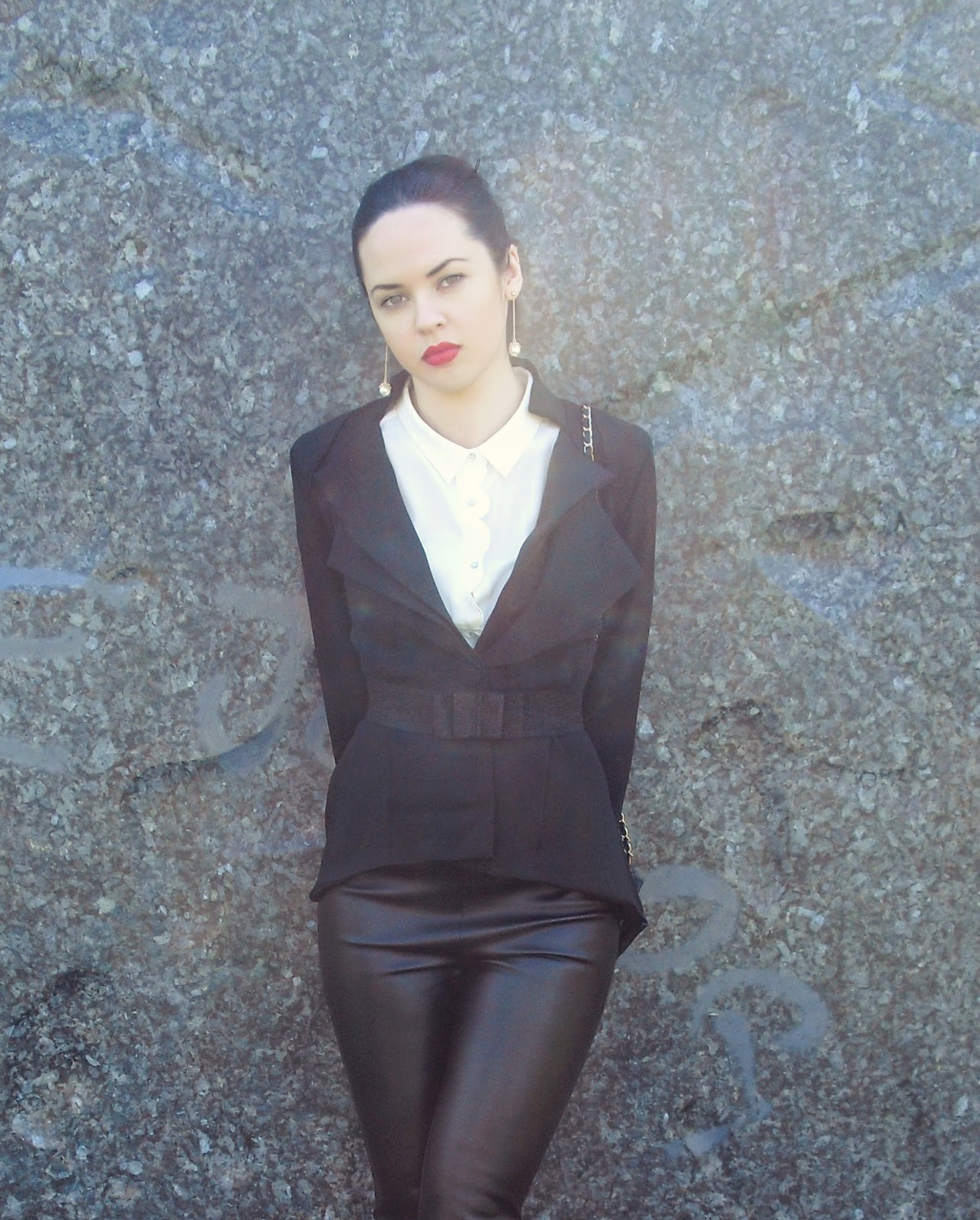 Angelica White shirt/Leather pants/Stiletto