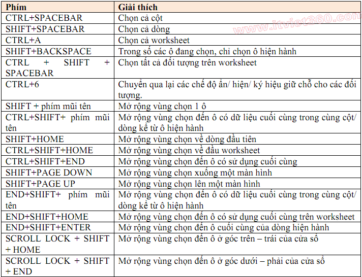 Những phím tắt thông dụng trong Excel 2003, 2007, 2010, 2013