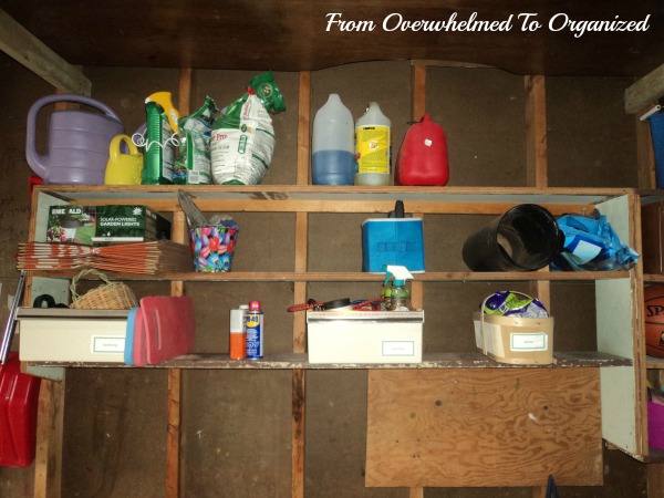 From Overwhelmed to Organized. High built in shelves in a garage, holding household, automotive and gardening supplies.