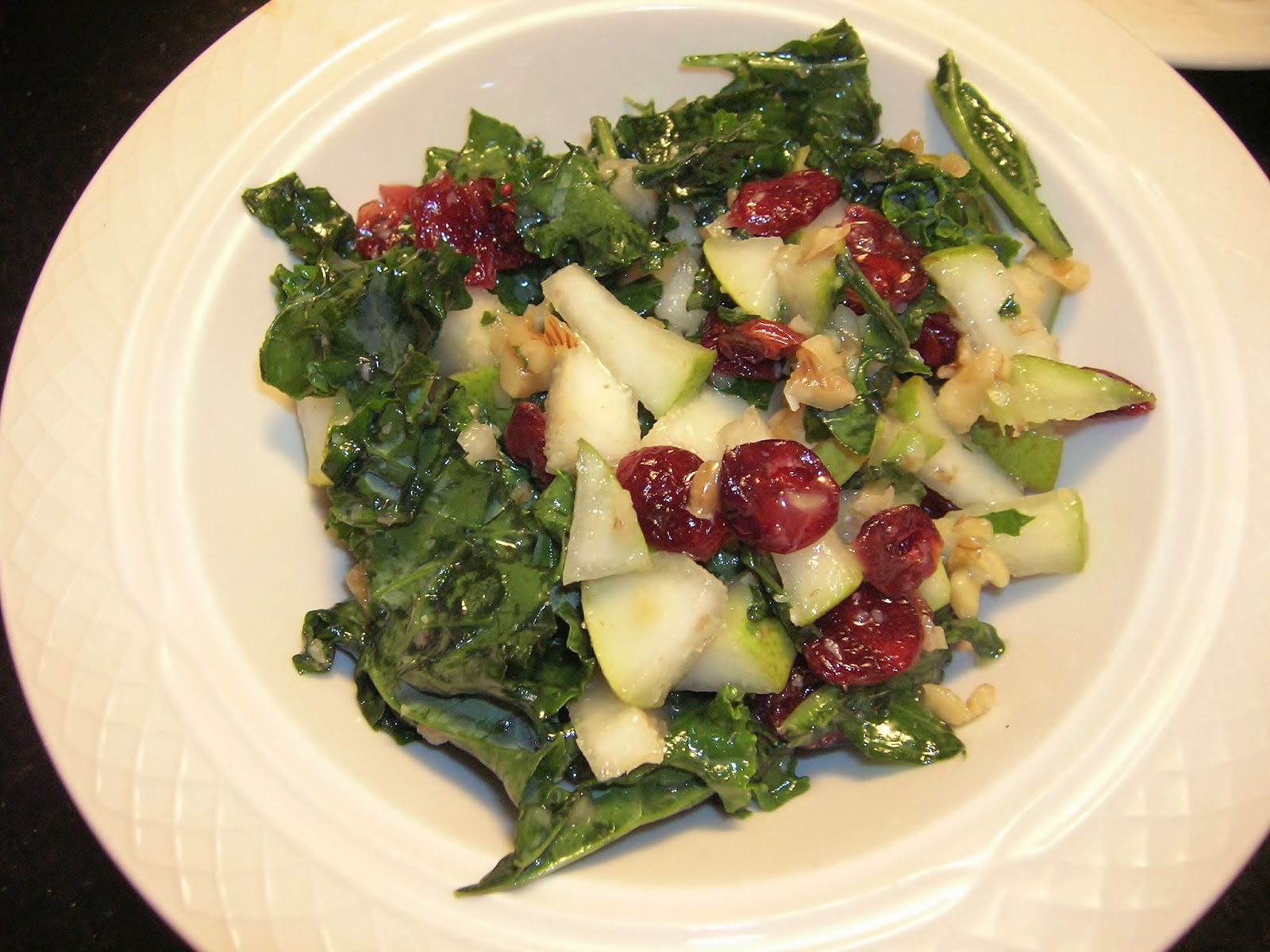 Ginger Honey Kale Salad with pears, cranberries & walnuts, gluten free