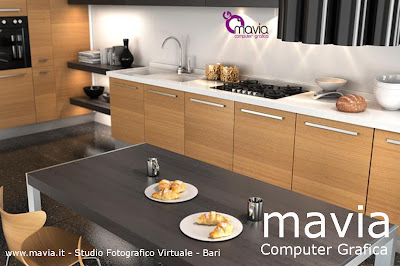 Rendering 3d cucine - vista del tavolo e piano cottura,insieme di accessori e oggetti per la cucina