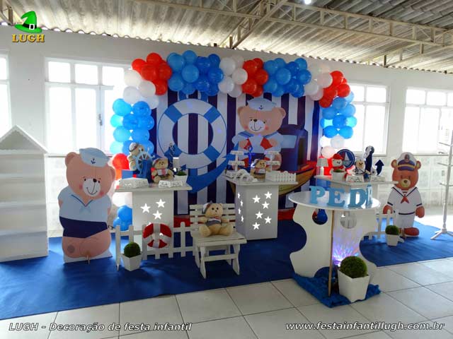 Decoração de aniversário tema Ursinho Marinheiro provençal - Festa de aniversário de 1 ano ou chá de bebê Decoração para a mesa do bolo de aniversário tema Ursinho Marinheiro - Festa de aniversário de 1 ano ou chá de bebê - Barra - RJ