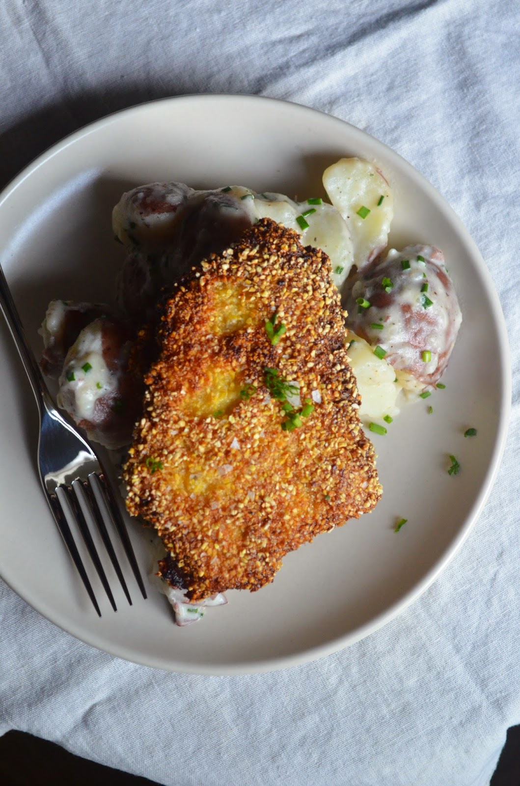 amour fou(d) cornmeal fried pork chops with goat cheese smashed potatoes.