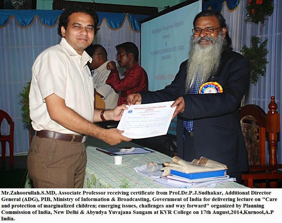 Zahoorullah.S.MD, Associate Professor & Scientist receiving a certificate on 17th August 2014 from