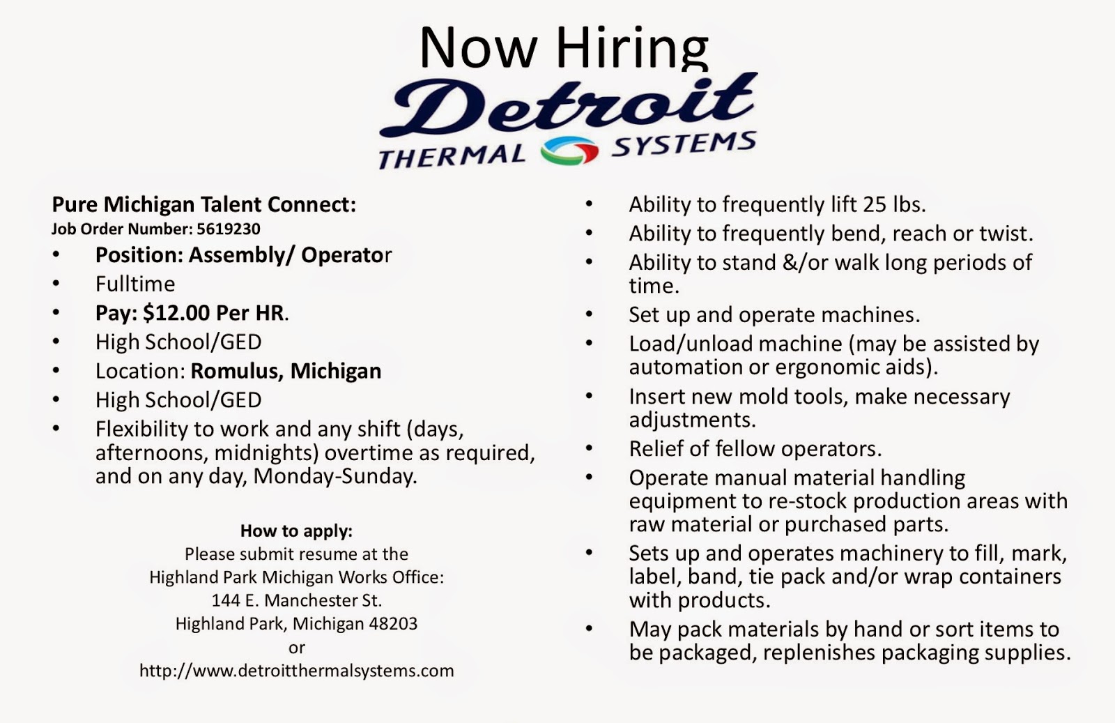 FREE IS MY LIFE EMPLOYMENT Assembly/Operator at 12/hr at Detroit