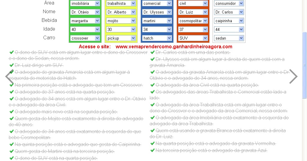 Resposta do Teste de Einstein: Resposta do Problema Escritório de Advocacia  - Problema de Lógica Temático Fácil