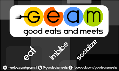 Banner logo for GEAM White rectangle with four circles of different colors with the letters G, E A, M with the words good eats and meets underneath. The circle with the letter G has a fork sticking out to the left. Below that is the words eat imbibe socialize
