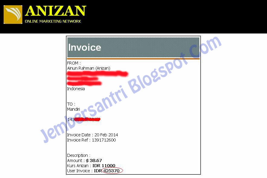 Bukti Invoice Anizan Online Marketing Network untuk Blog Jembersantri Bukti Invoice Anizan Online Marketing Network untuk Blog Jembersantri