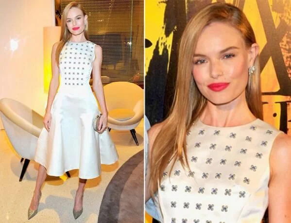 Kate Bosworth wore a Dior full-skirted dress, accessorised with heels and a clutch both by Jimmy Choo.
