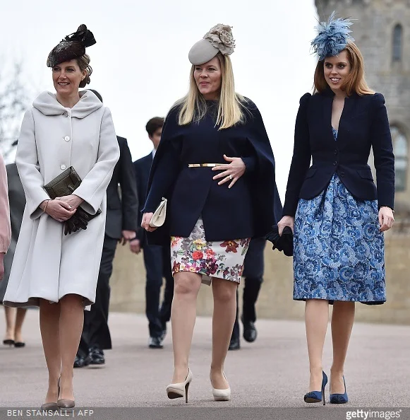 Britain's Sophie, Countess of Wessex, Autumn Philips and Britain's Princess Beatrice of York, arrive for the Easter Sunday church service at St George's Chapel, Windsor Castle, in Windsor, west of London