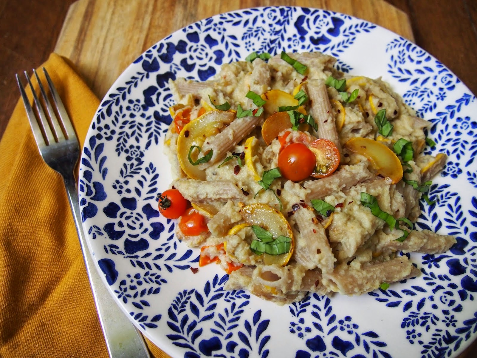 An Avocado A Day Pasta with Tempeh Sausage, Baby Broccoli and Cremini