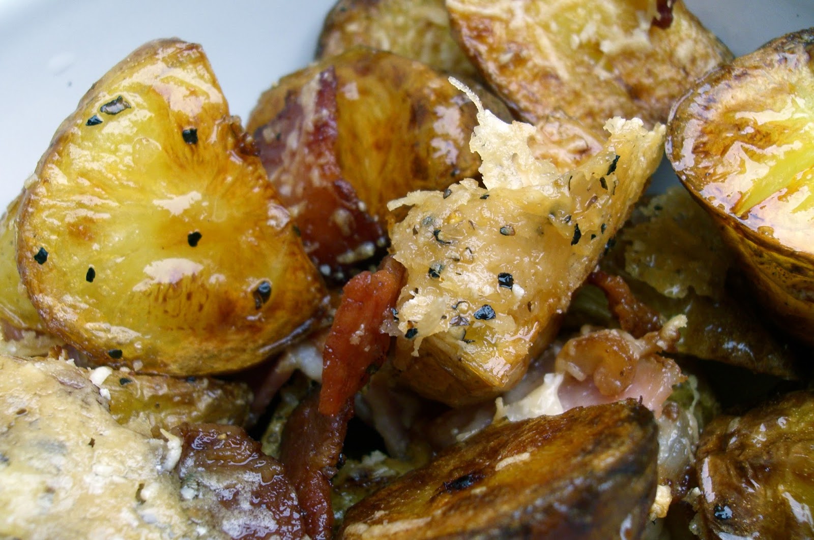 Oven Roasted Potatoes with Bacon, Garlic and Parmesan