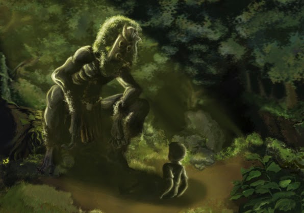 Illustration of a large being sitting on a tree root. It is covered in moss, and a tribal mask for a face, hovers over a child, who is listening to an apparent tale.