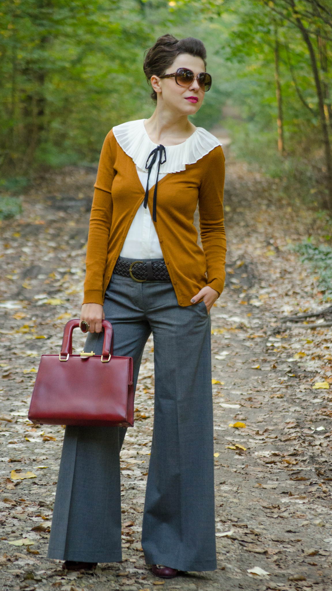 grey flare pants peter pan collar ivoire shirt black bow tie burgundy bag autumn outfit forest cardigan