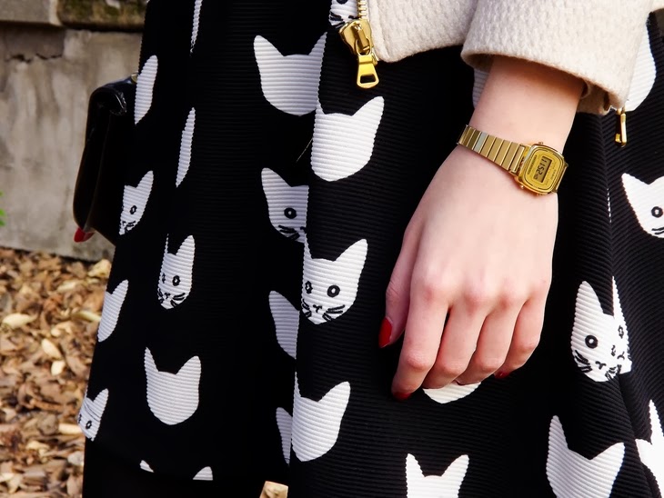 H&M Cat Dress Zara Sheer Golden Jacket Zara Casio Mini Vintage Watch gold