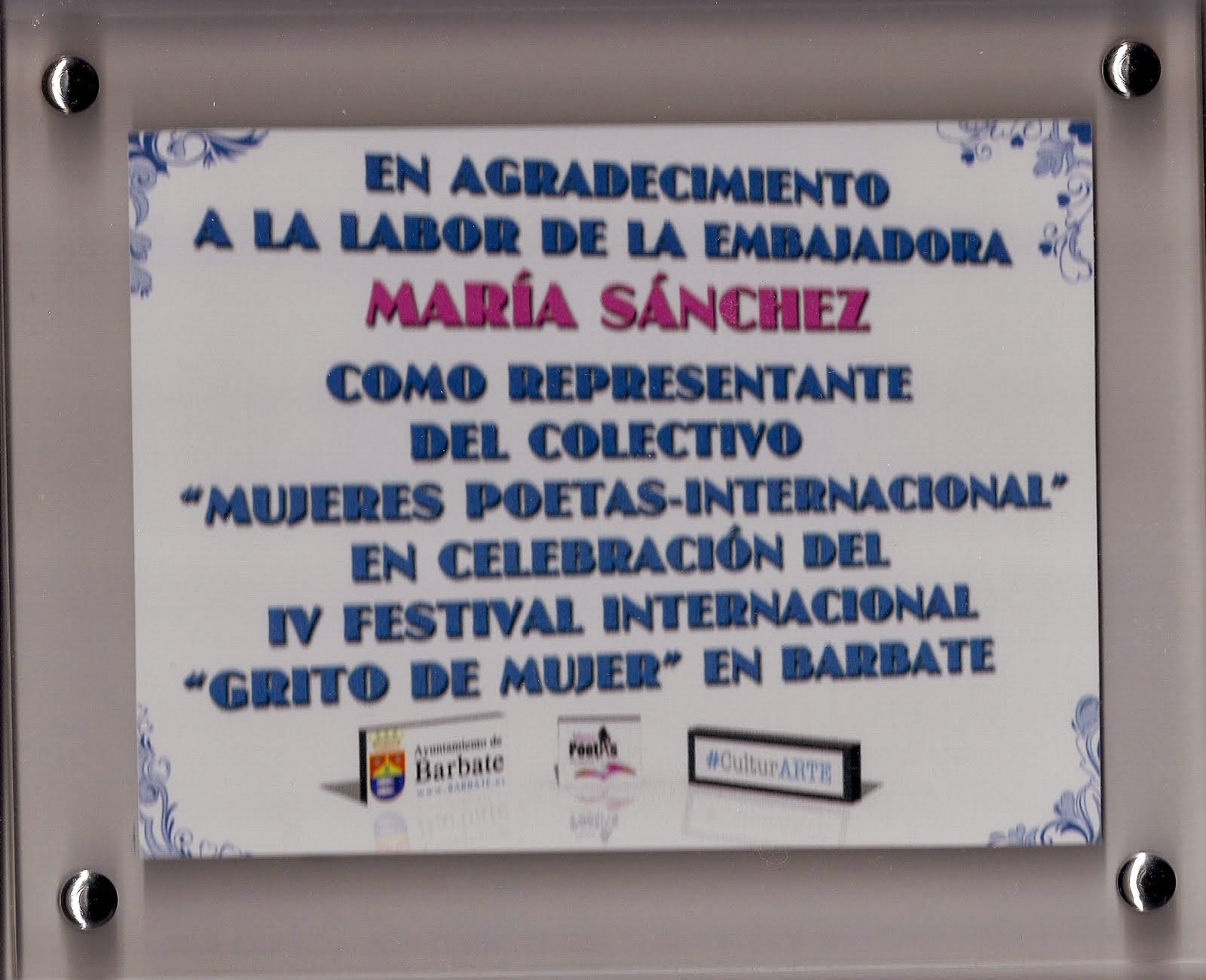 PLACA OTORGADA POR LA ASOCIACIÓN CulturARTE-BARBATE y  EL AYUNTAMIENTO.