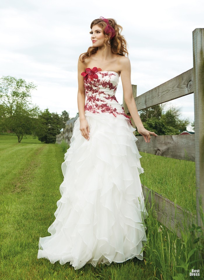 Red Wedding Dress with Lace Detail and Red Shoes