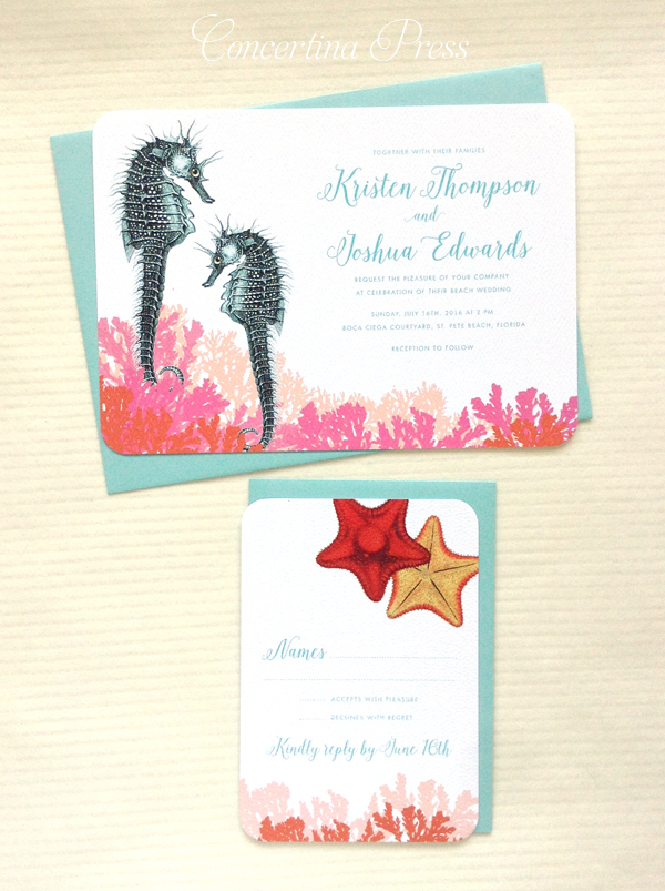 Cape Cod wedding blog photo from Concertina Press - Stationery and Invitations about Seahorse Wedding Invitations with Aqua Envelopes Perfect For a Beach Wedding