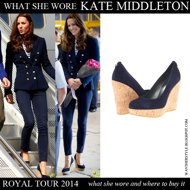 WHAT SHE WORE Kate Middleton in blue cork wedge shoes with blue blazer stripe top and blue