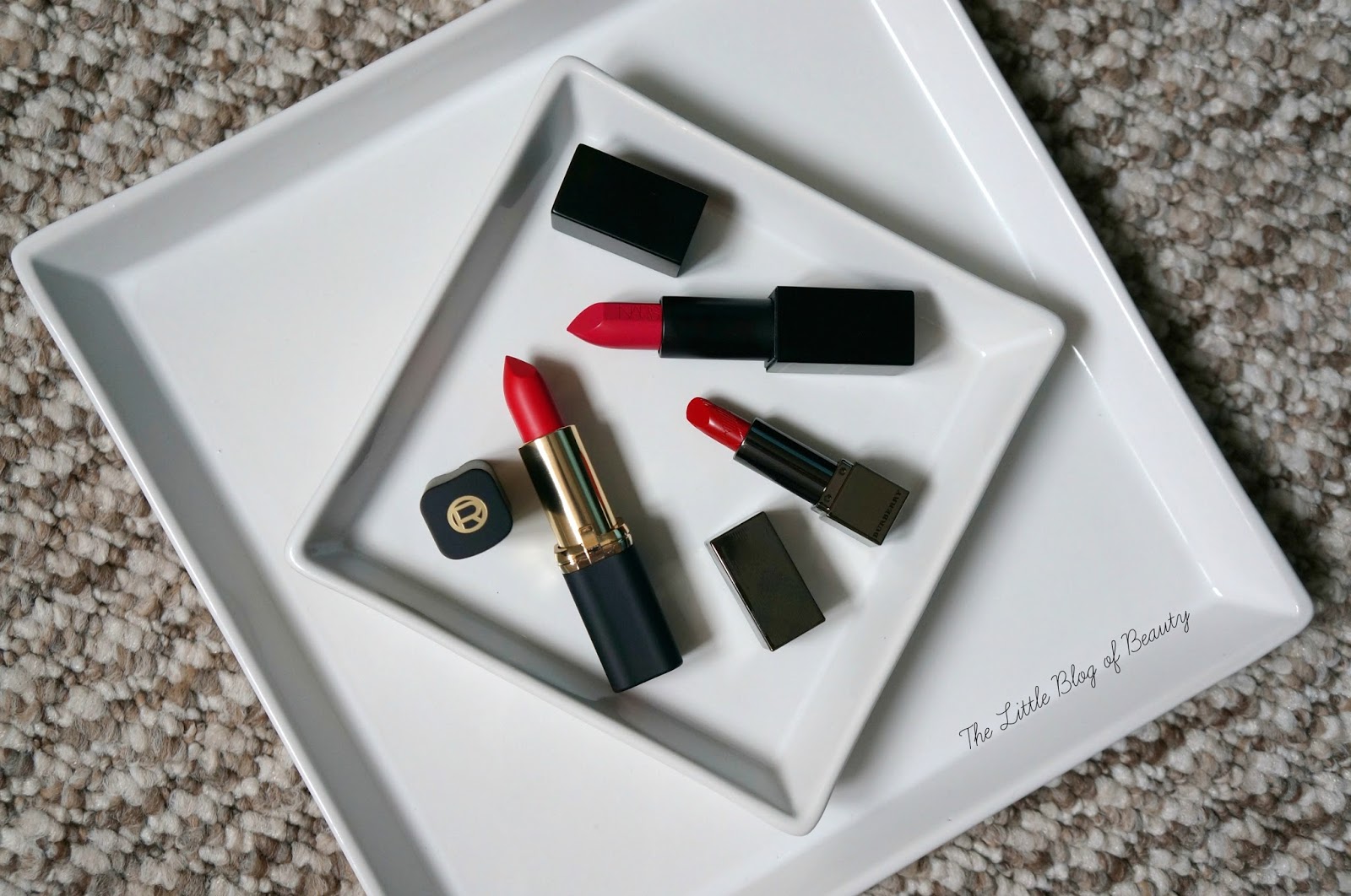 NARS Audacious Greta, L'Oreal Collection Exclusive Pure red by Julianne and Burberry Kisses in Military red