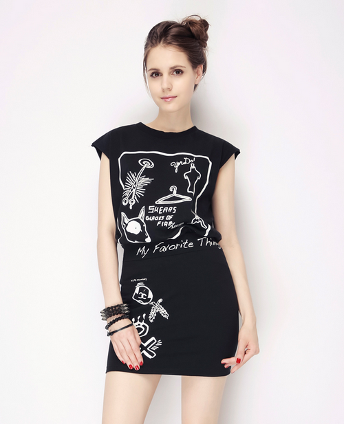 Korean Women's Fashion: Storets Cartoon Doodle Print Top and Skirt