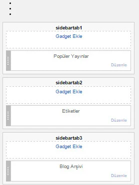 Alt alta sıralı açılmış popüler, etiketler ve arşiv gadget görünümü